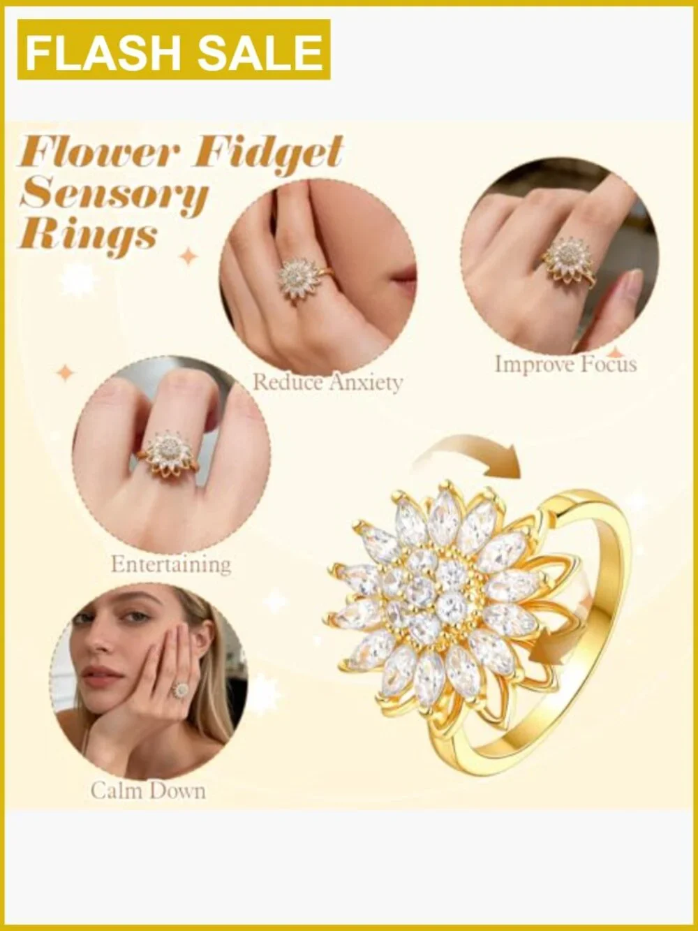 Adjustable Spinner Fidget Ring for Anxiety Relief, Gold CZ Ring